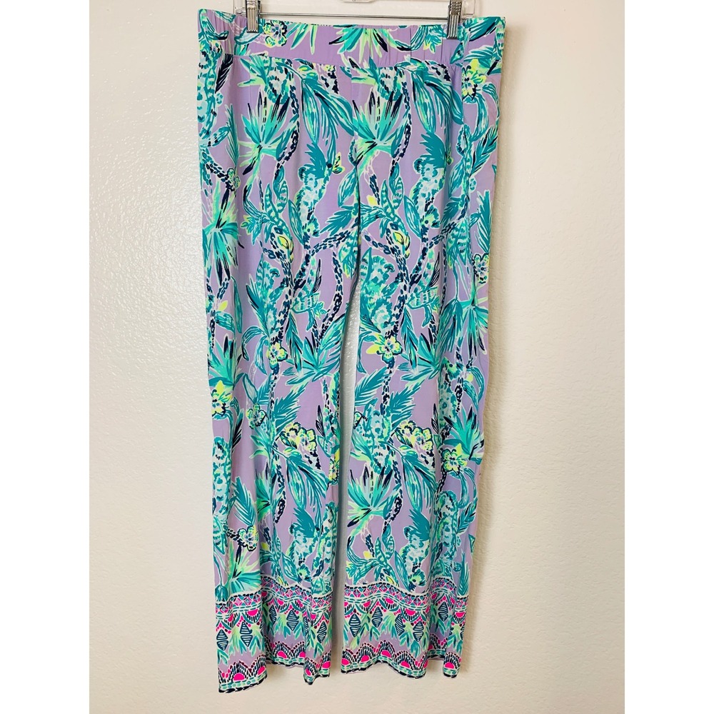 Lilly Pulitzer Wide Leg Pants Women XL Purple Teal Tropical Floral Resort Beach